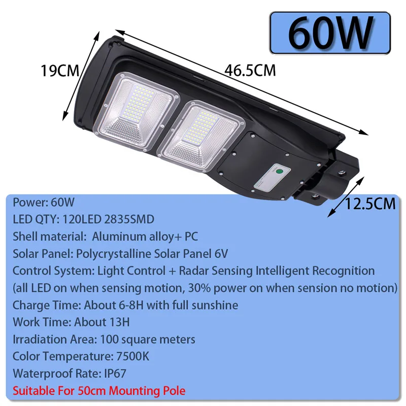 

60W LED Solar Street Light Outdoor Waterproof IP67 Light Control + Radar Sensing Smart Lights Led Garden Lamp Lighting
