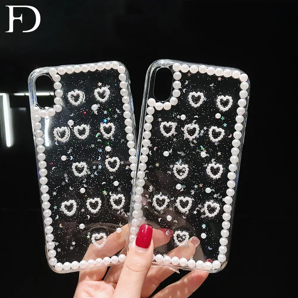 

FD Pearl Heart Transparent Soft TPU Phone Case X XS Max XR Case Cover Phone 7 8 6 6s Plus Case Phone 8 Plus Fashion Phone Case