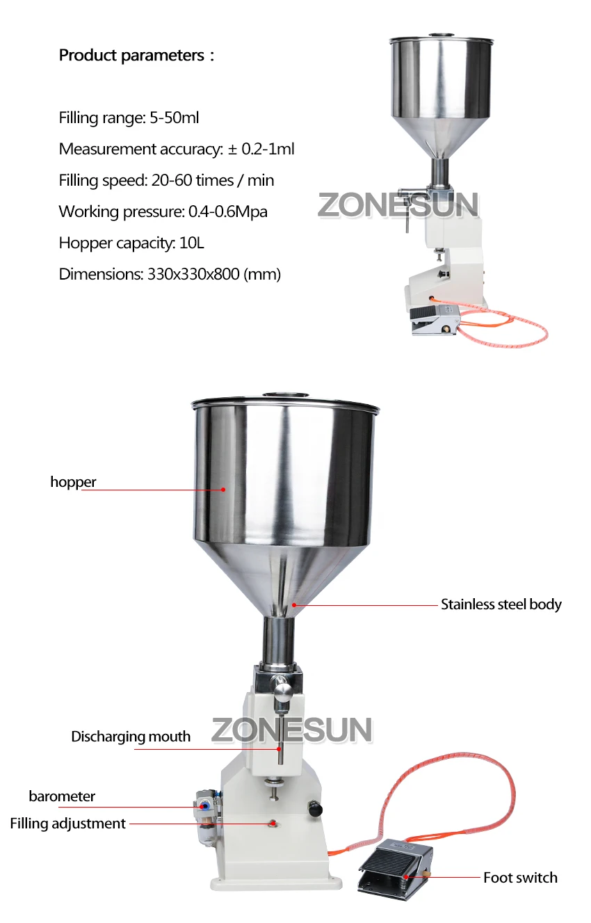 ZONESUN Нержавеющая сталь ручная педаль крем жидкий шампунь поршневая разливочная машина педаль вертикальные вставки и разливочная машина