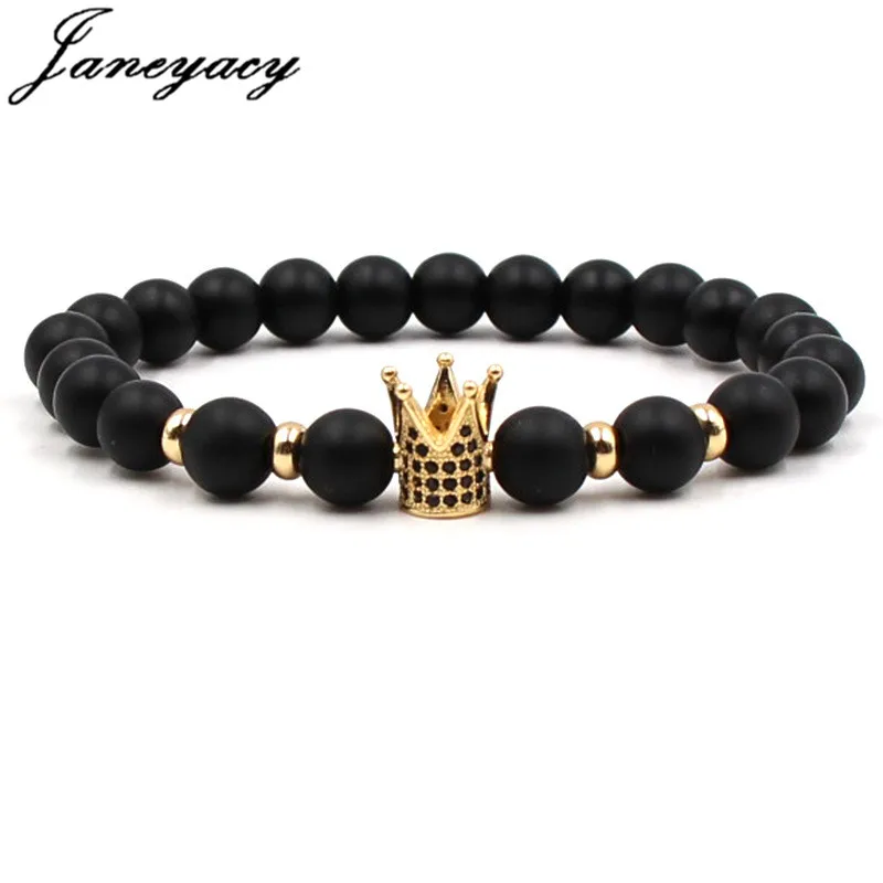 

Janeyacy New Brand Bracelet 8mm Frosted Stone Crown Bracelet Women Fashion Charm Zircon Beads Bracelets Men's CZ Homens Pulseira