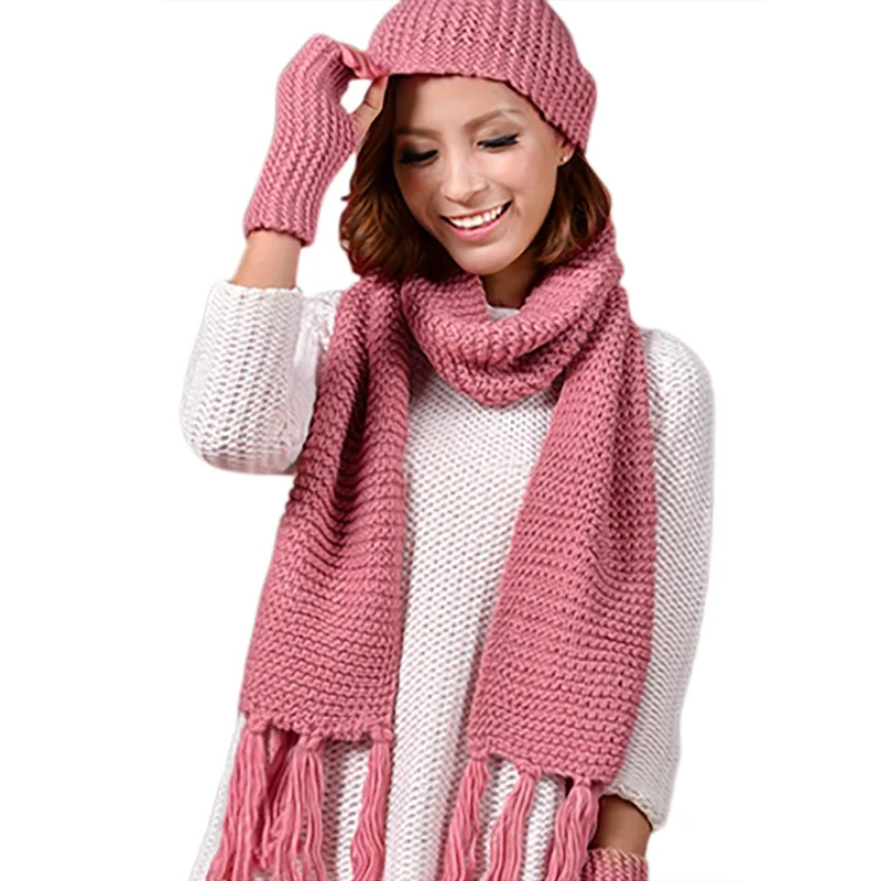Для женщин Зимняя теплая вязаная шапка, шарф, перчатки Комплект шапка; шарф + теплая шапка женский 3 шт./компл