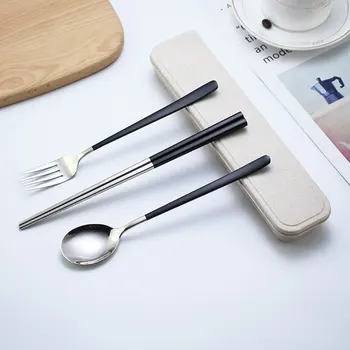 

Korean Portable Cutlery Set 304 Stainless Steel Tableware Spoon Chopsticks Fork With Wheat Straw Box Travel Dinner Dinnerware