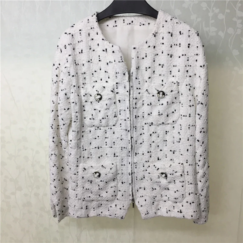 

White Tweed Jacket for Women Autumn Long Sleeve O-neck Fashion Elegant Coat 2018 new Women Jacket