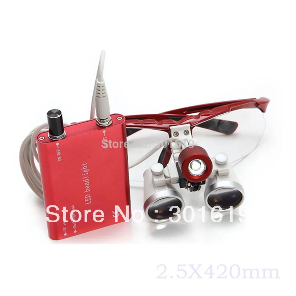 

New RED Dentist Dental Surgical Medical Binocular Loupes 3.5X 420mm Optical Glass Loupe + LED Head Light Lamp