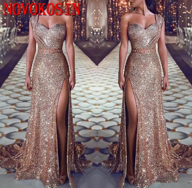 

2019 One Shoulder Sequin Mermaid Evening Dresses Ruched Spli Beaded Waistband Party Gowns Sweep Train Plus Size Prom Dresses