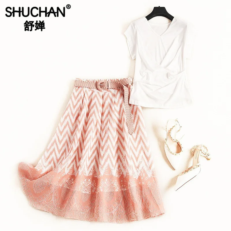 

Shuchan Womens Two Piece Sets 2019 V-Neck Cotton T-shirts+print Skrts To Knee-Length Office Lady Wear Womens Clothing 12037