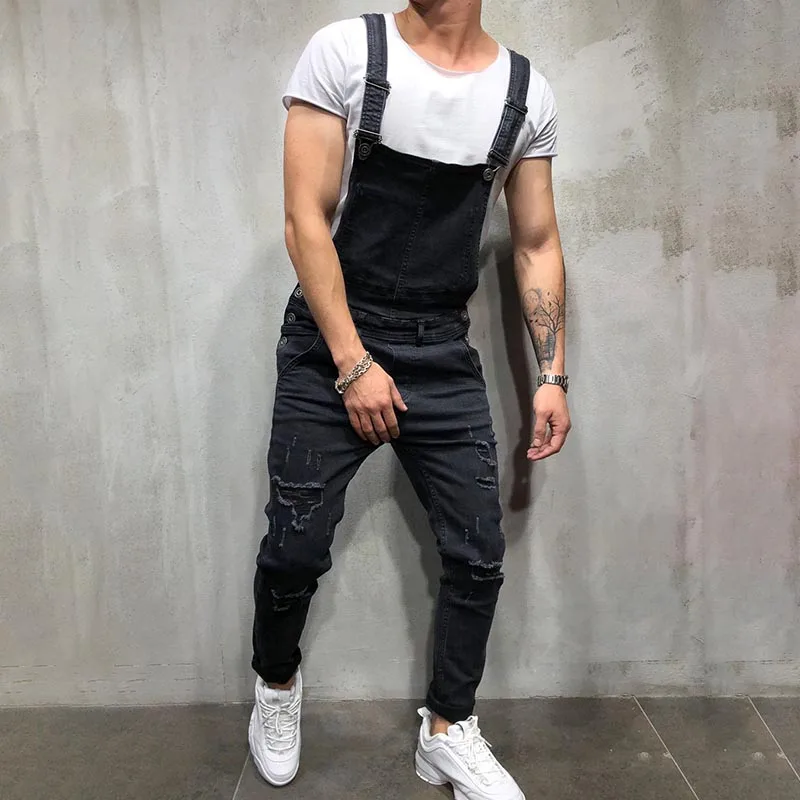 

Men Denim Jumpsuits Vintage Solid Color Holes Casual Bib Overalls NGD88