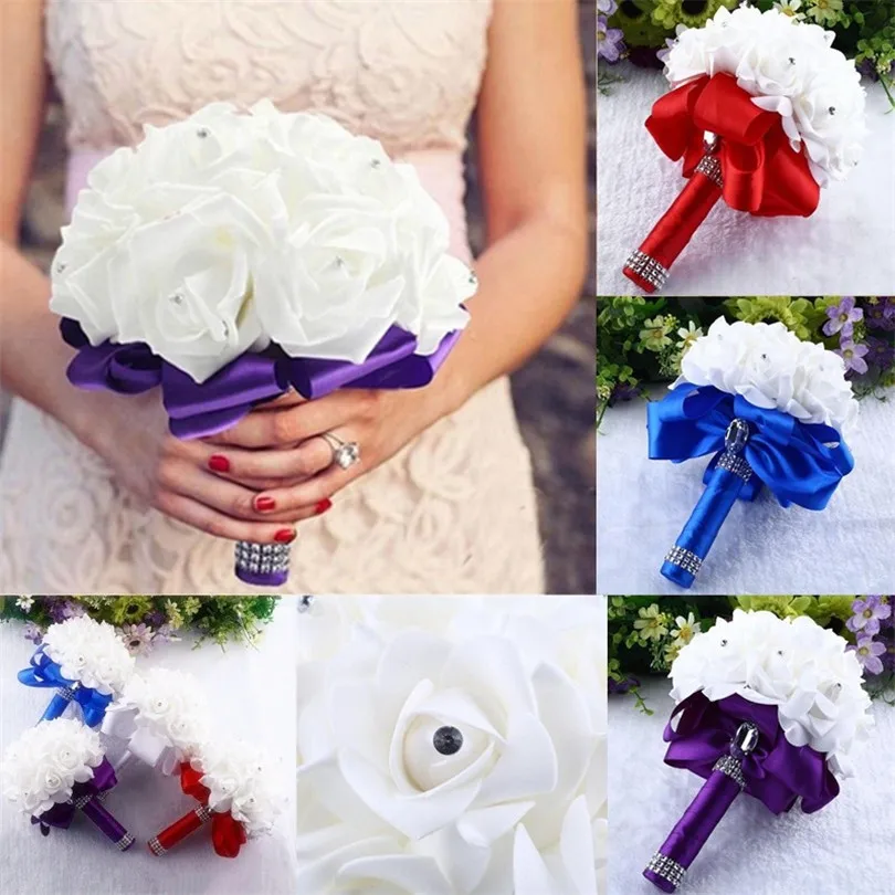 Roses Silk Bouquet Holding Flowers Crystal Roses Pearl Bridesmaid Wedding Bouquet Bridal Artificial Silk Flower Home Decor #4J14