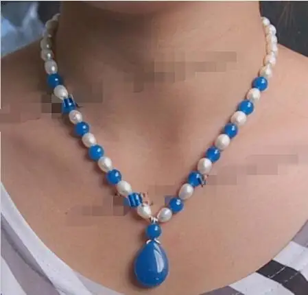 

Free Shipping >> 7-8mm Real Natural Rice White Akoya Pearl/Apatite Pendant Necklace 18