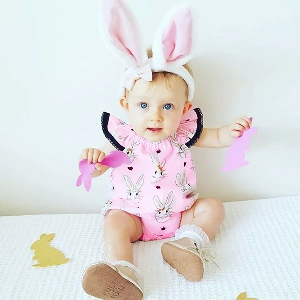 

Infant Baby Fly Sleeve Easter Day Rabbit Print Jumpsuit Romper Clothes kawaii jumpsuit for newborns fashion pink Baby Clothing