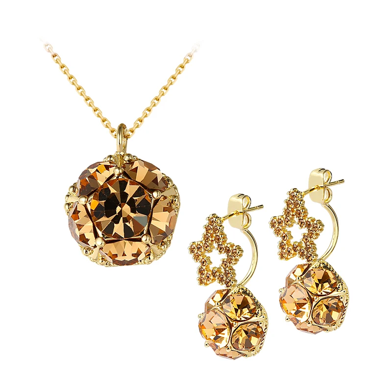 

Fashion Necklace Earrings Circular Pentagon Star Champagne Golden Stone New Gift