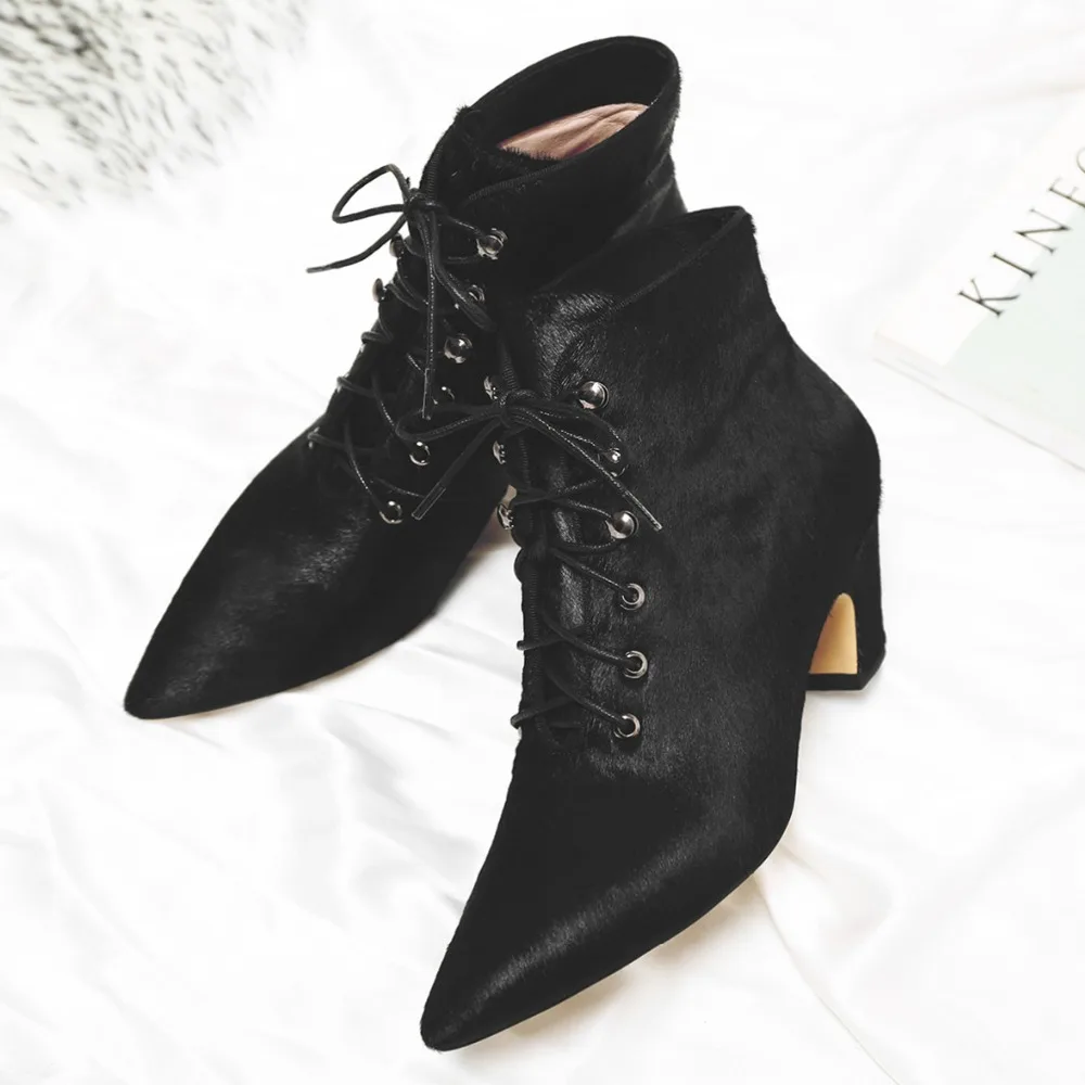 

Women's horsehair leopard autumn ankle boots kitten heel pointed toe short booties warm plush female comfortable footwear shoes