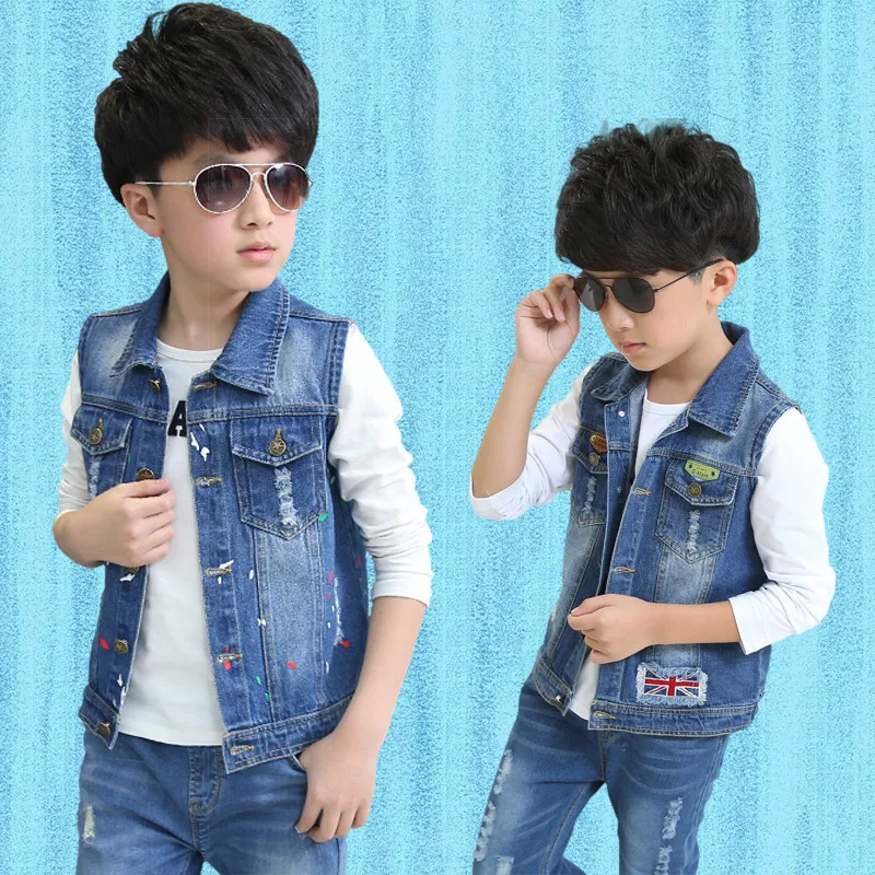 

UK Flag Boys Vest Denim Ripped Coat Denim Kids Cowboy Vest Waistcoat Sleeveless Jean Jackets Outerwear Jeans Waistcoats For Boys