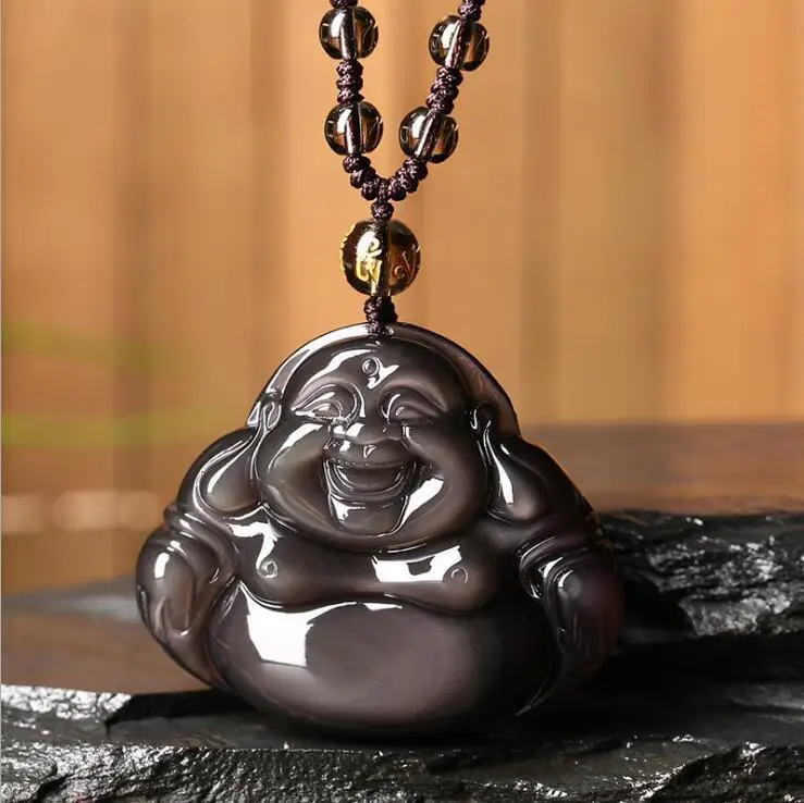

Chinese Natural Color Obsidian Hand-Carved Blessing Maitreya Buddha Pendant