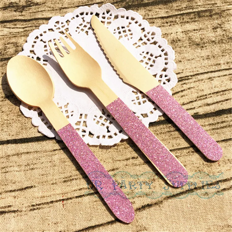 Free Shipping 36pcs Glitter Pink Disposable Wooden Cutlery for Birthday