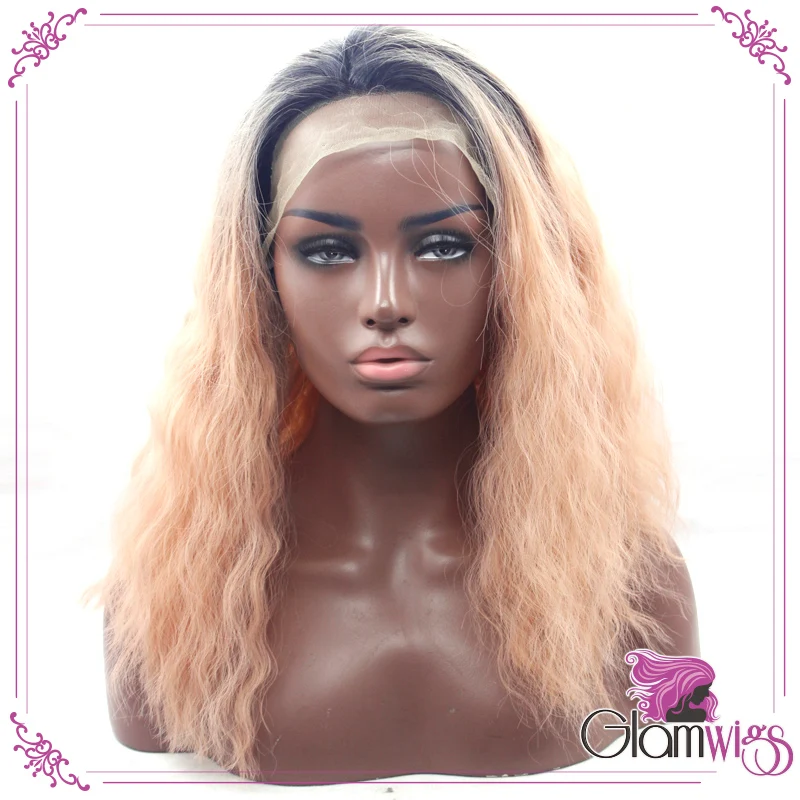 

Cheap Orange Ombre Wig Synthetic Lace Front Wigs Fashion Water Wave Hair Wigs Black to Salmon Ombre Lace Front Wig