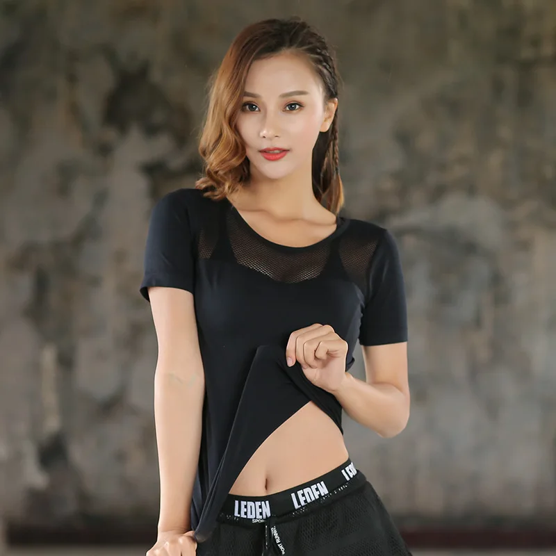 black Yoga Shirt BLESSKISS, новинка, Сетчатая футболка для йоги, женская одежда для фитнеса, спортивный топ с коротким рукавом для спортзала, топы для бега, футболка, быстросохнущая, для тренировок - Цвет: black Yoga Shirt
