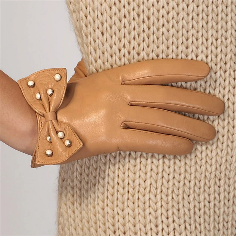 Genuine Leather New Women Gloves Wrist Bow Knot Thin Female Sheepskin