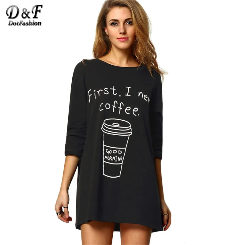 

Dotfashion Black Round Neck Long Sleeve Coffee Print Long Tees Women Casual Tops 2019 New Style Loose T-Shirt