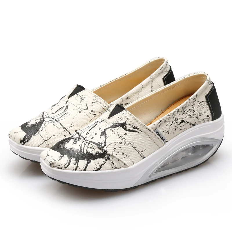 

Women Slip On Canvas Cushion Sports Shoes Height Increasing Slimming Rocking Wedge Sneakers Platform