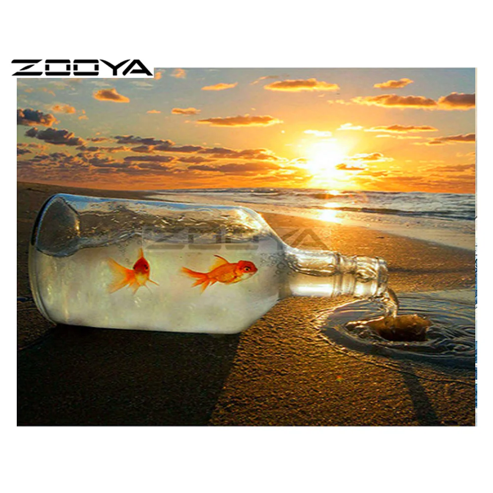 ZOOYA 5D DIY Алмазная бутылка для воды на закате Золотая рыбка пляжная картина