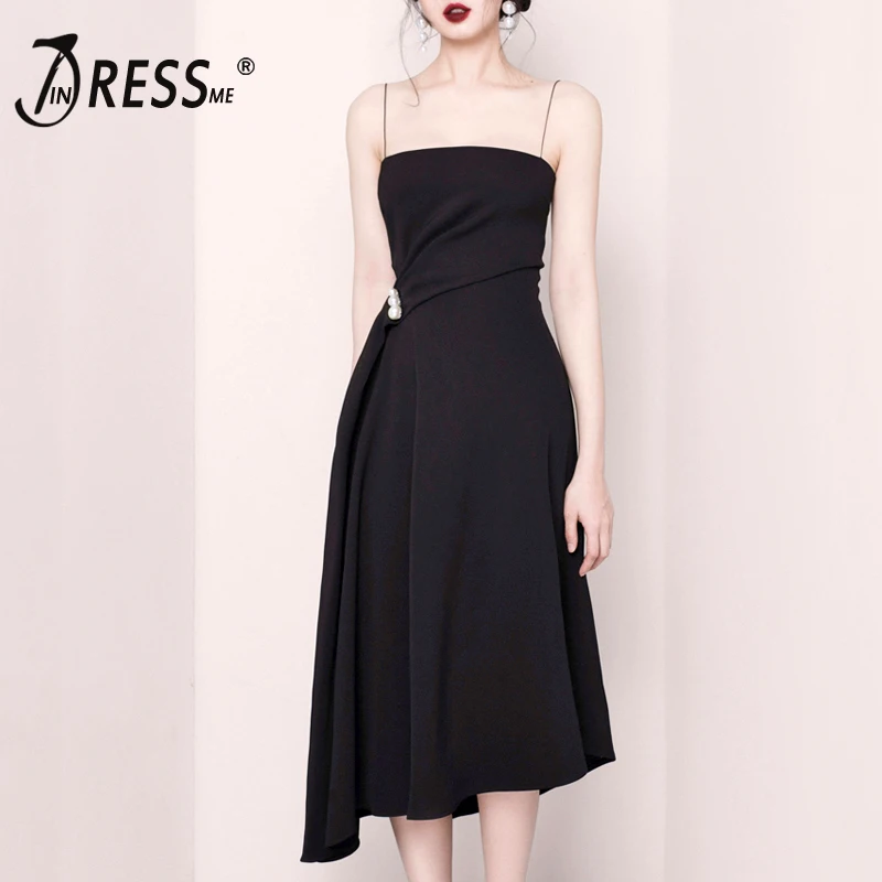 

INDRESSME 2019 Women's Midi Calf A- Line Dress Sexy Spaghetti Strap Sleeveless Beading Club Party Backless Dresses Vestidos