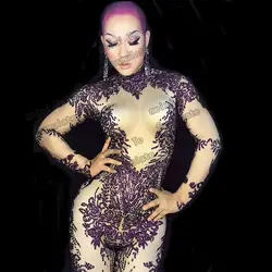 Блестящие фиолетовые горный хрусталь-это сексуальный эластичный комбинезон Бар ночной клуб концерт певица танцор костюм