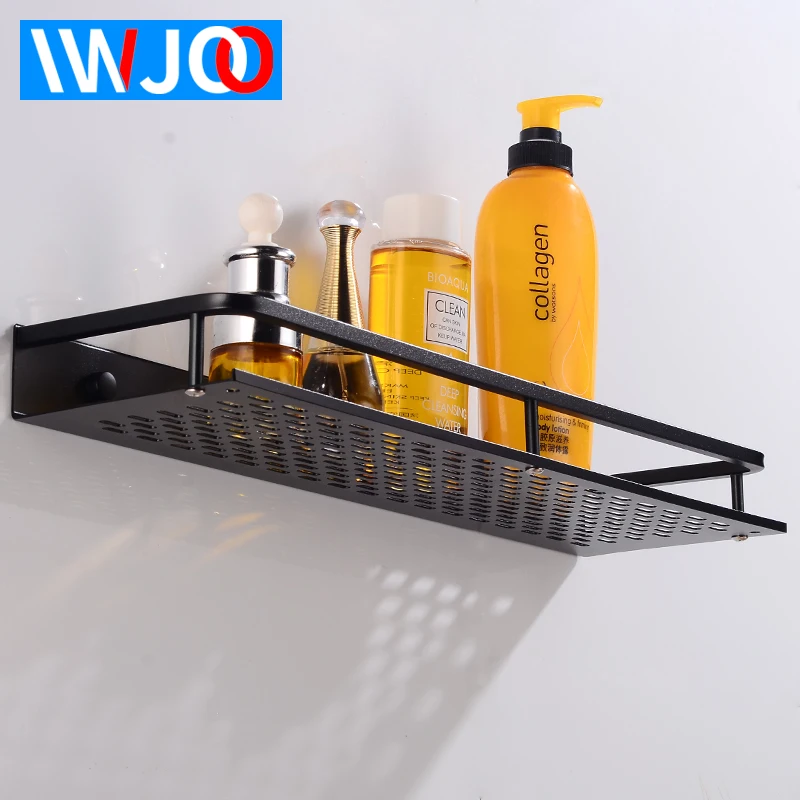 Baratos Estante de baño de aluminio negro estantes de baño individuales estante de almacenamiento de ducha montado en la pared cesta de esquina decorativa estante de champú