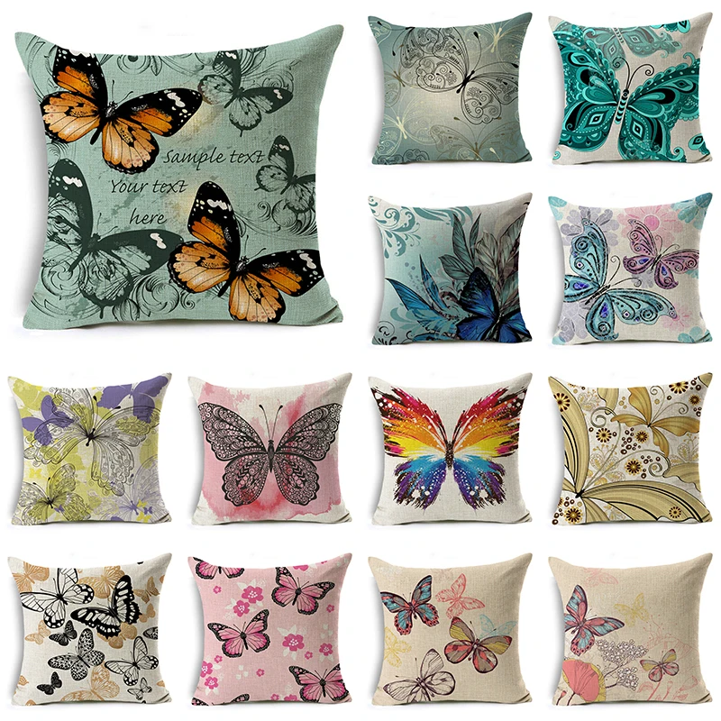 

WZH Butterfly Pattern Element Cushion Cover 45x45cm Linen Decorative Pillow Cover Sofa Bed Pillow Case
