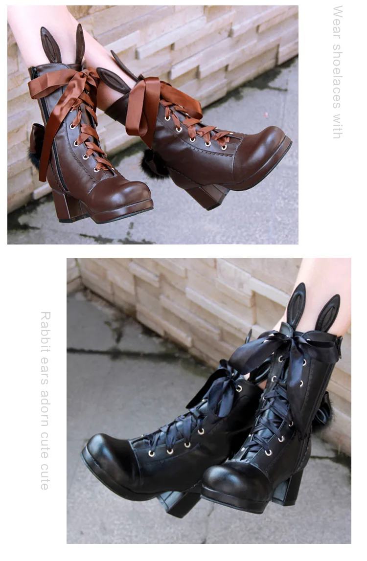 Angelic imprint/женские мотоботы в стиле mori girl; женские короткие ботильоны в стиле Лолиты; женские туфли-лодочки на высоком каблуке; обувь на платформе с заячьими ушками
