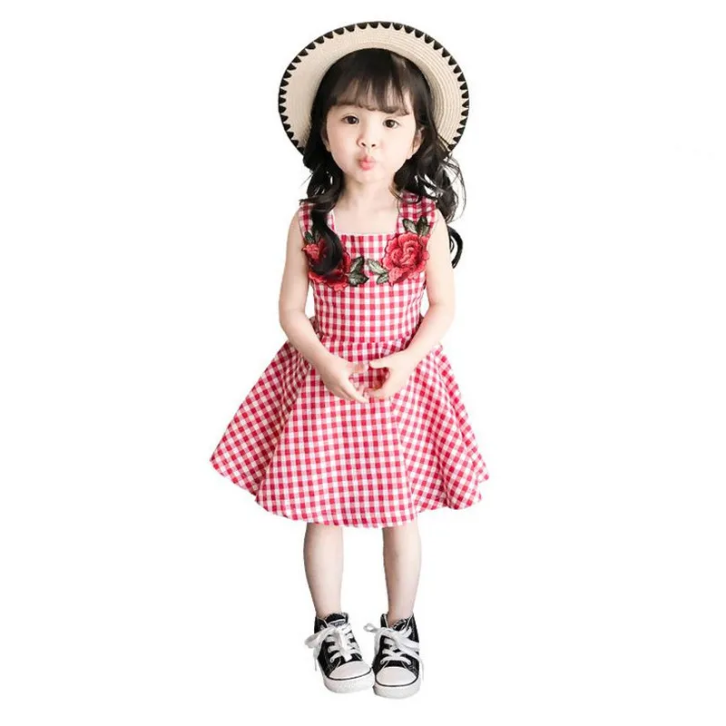 Dfxd New Fashion Kids Girl Princess Dress Summer Big Flower Plaid