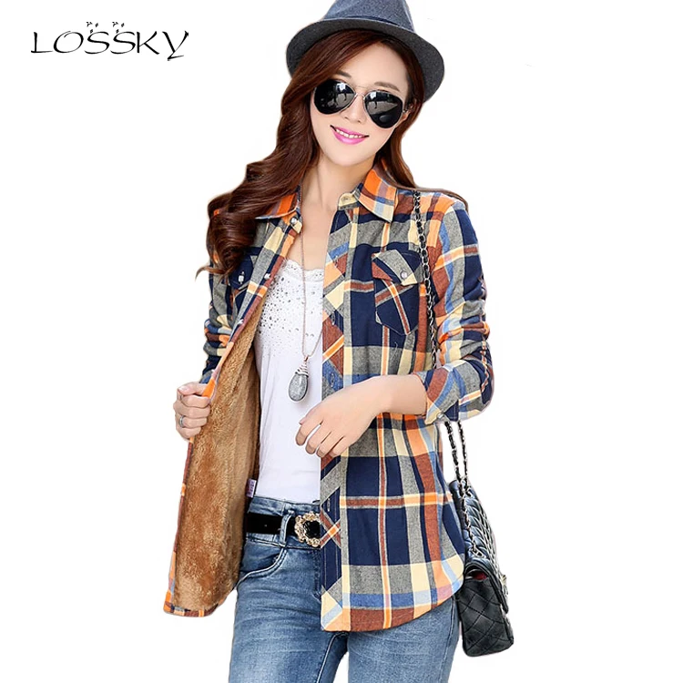 Women Winter Velvet Thick Keep Warm Plaid Blouses 