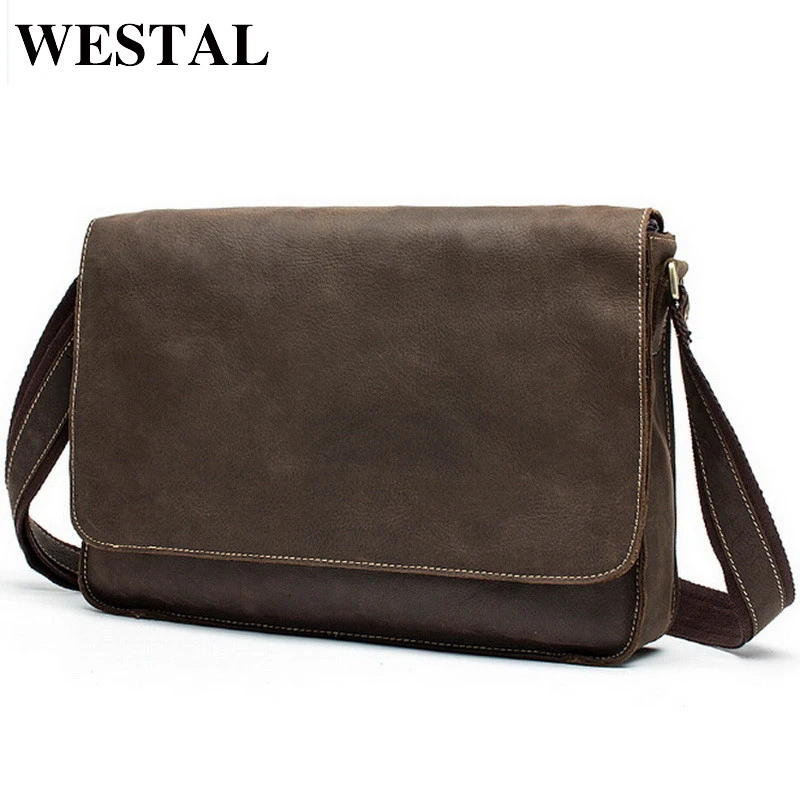 WESTAL Man bag crazy horse leather shoulder Bag vintage genuine cowhide leather men messenger bags business