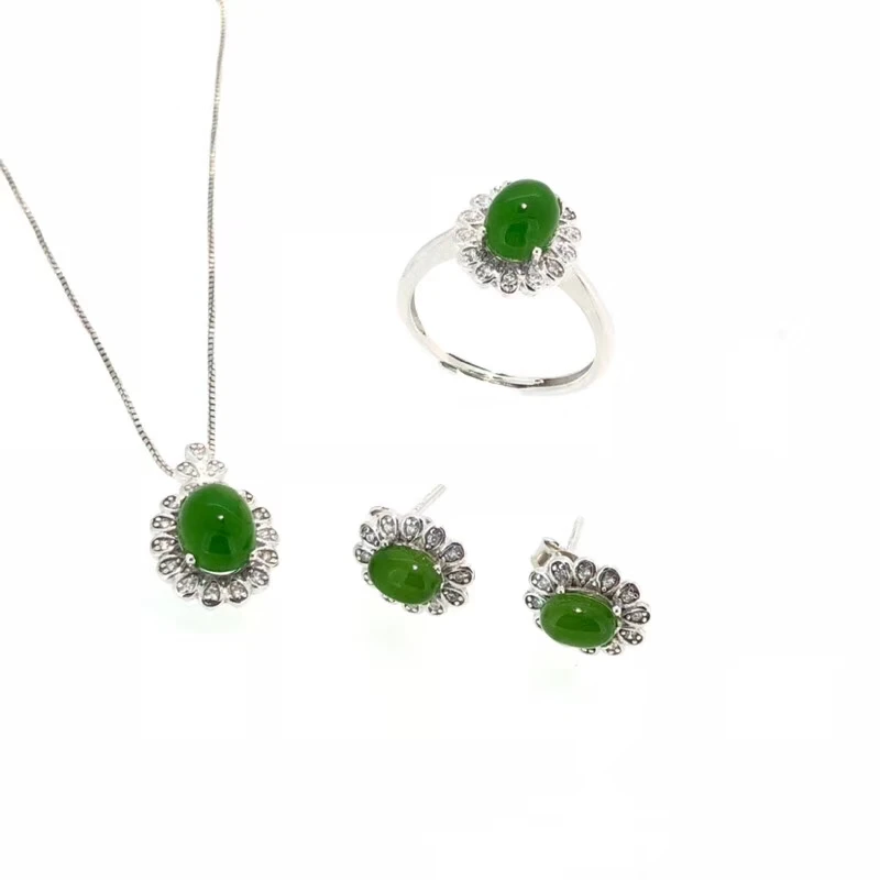 

Natural green jasper Ring Pendant Earrings Natural Gemstone Jewelry Set S925 Silver Fashion sun Flower Women party gift jewelry