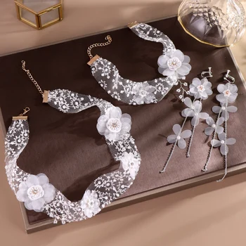 

FORSEVEN White Yarn Flower Lace Tiaras Necklace Earrings Set Women Headpiece Choker Bridal Jewelry Sets Wedding Accessories JL