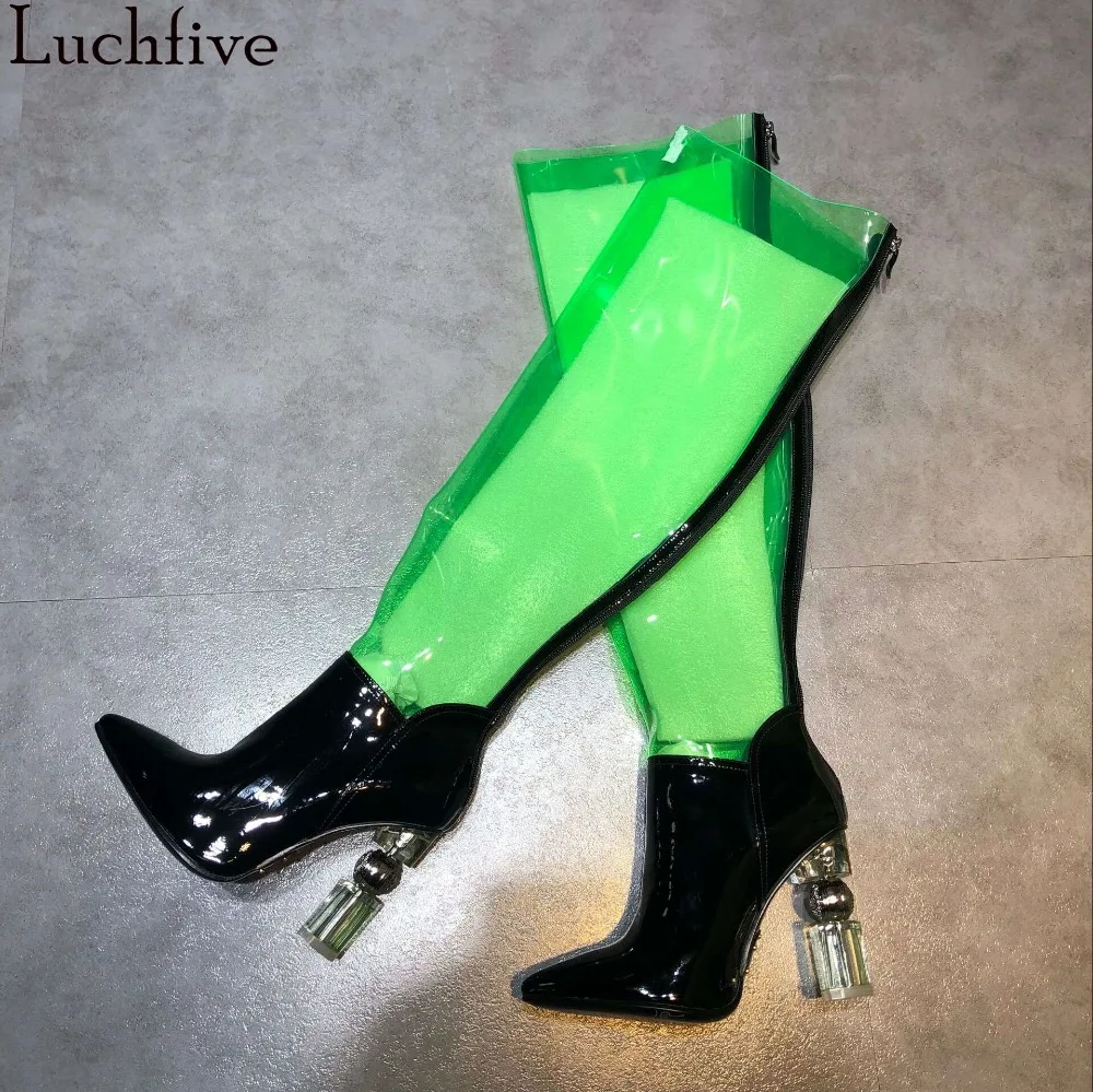 

Luchfive Sexy PVC Clear High Heel Boots Women Patent Leather Patchwork Special Chunky Heel Night Club Runway Shoes Botas Mujer