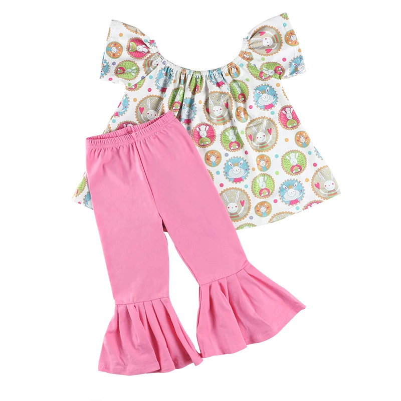 Kaiya Angel Ribbit/рубашка с принтом+ однотонные хлопковые леггинсы комплекты для пасхальных детей Повседневная летняя одежда для маленьких девочек с фабрики