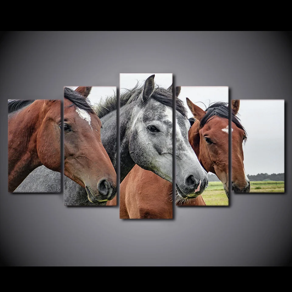 

5 Piece HD Printed Brown And Grey Horses Framed Wall Picture Art Poster Painting On Canvas For Living Room Decoracao Para Casa
