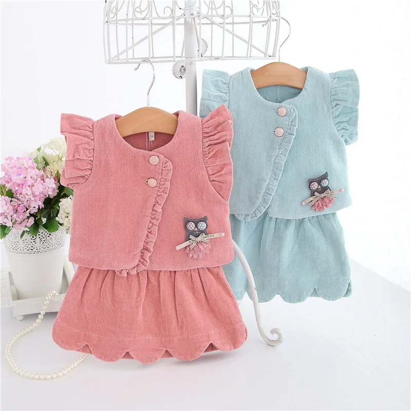 Baby Girls Clothes 2pcs Clothing Sets Autumn Winter Corduroy Ruffle Tops+Skirt Newborn Christmas Clothes with Cat red blue 0-2T