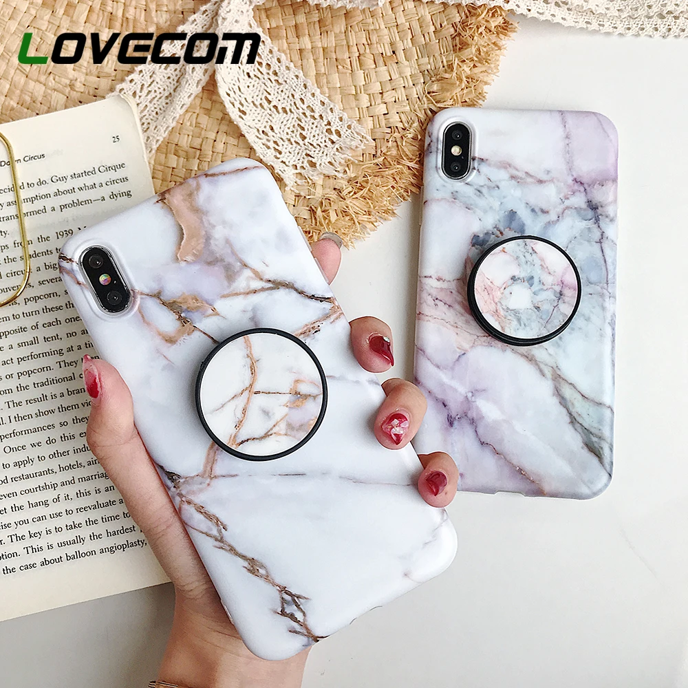 

LOVECOM Marble Flexible Kickstand Case For iPhone XR X XS Max 6S 7 8 Plus Soft IMD Anti-knock Phone Cover Portable Holder Shell