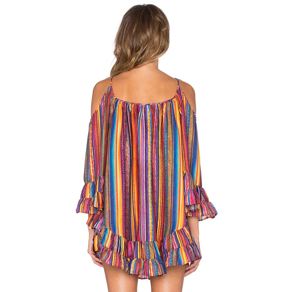 Summer Rainbow 2017 Women's Summer Rainbow Print Fringed Beach Dress