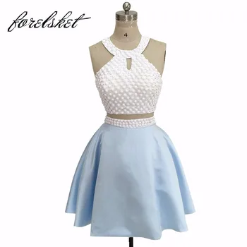 

Two Piece Prom Dresses 2020 Twinkly Graduation Dress Halter Vestido De Gala Corto Formal Party Gowns Knee Length Robe De Soiree