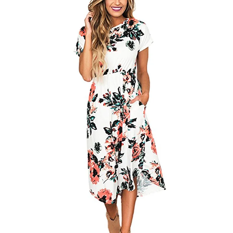 2017 Beach Summer Dress Floral Print Boho Style Short Sleeve Women
