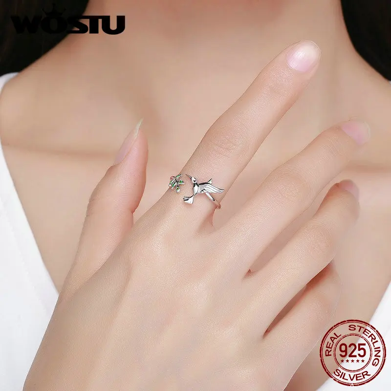 WOSTU Аутентичные 925 пробы серебро колибри и листья Открытое кольцо для Для женщин
