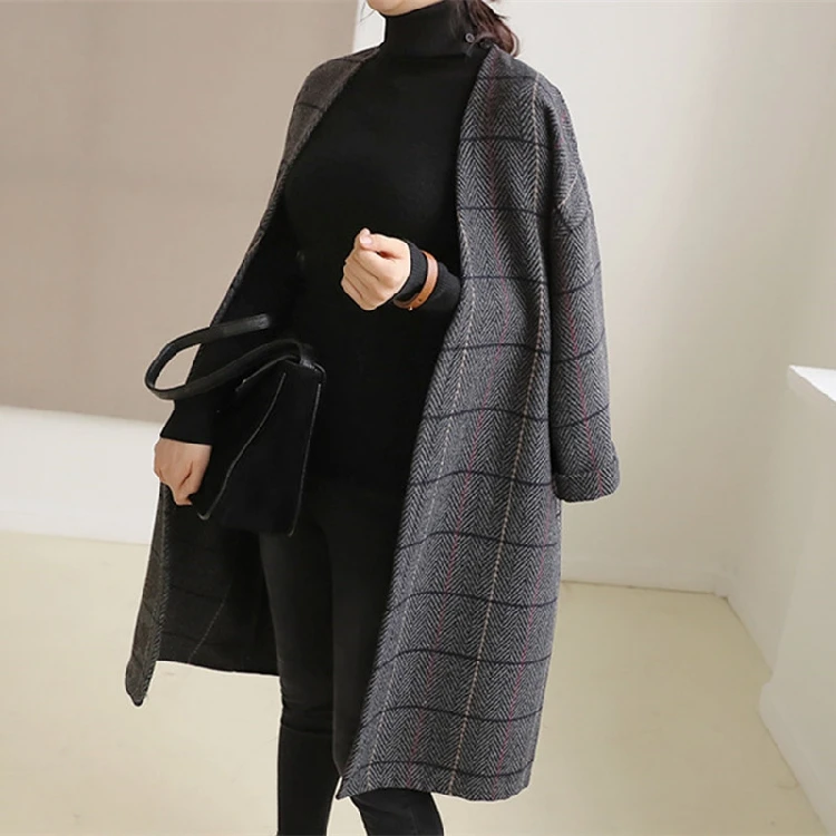 UK Женское шерстяное пальто осень зима Cassic простое длинное клетчатое пальто кардиган тренчкот шерстяное пальто универсальные винтажные размера плюс