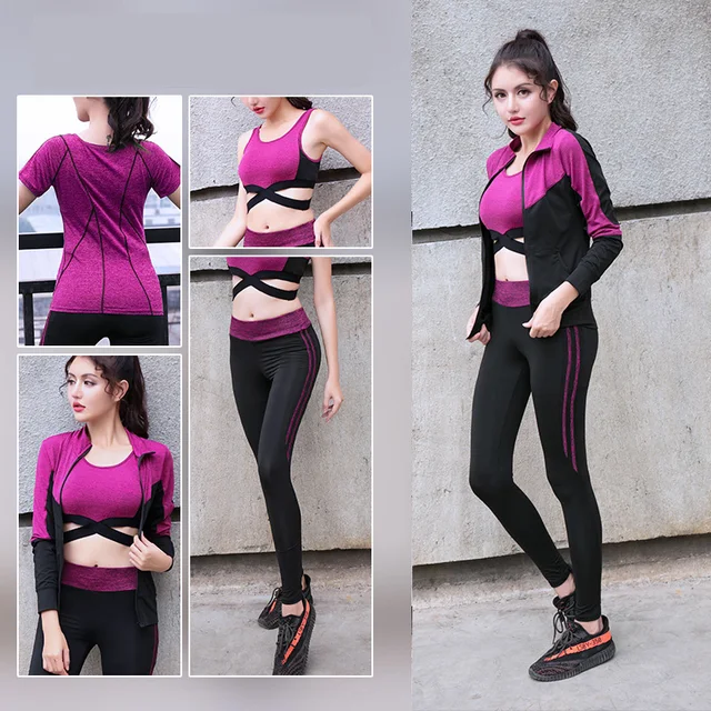 Quick Dry Yoga Set 4 PCS Workout Tight Sexy Top Sport Suit Gym Running Shirt Pants Sport Bra Women’s tracksuit
