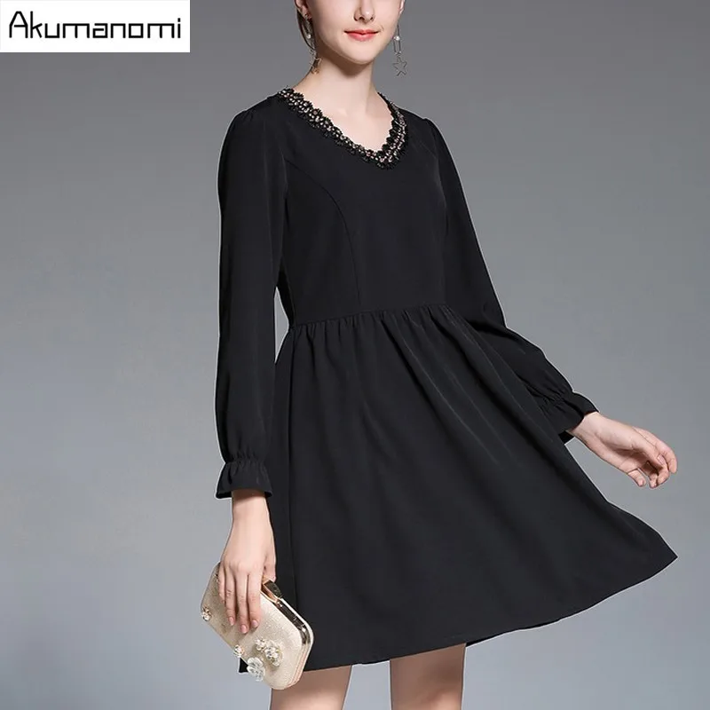 

Autumn Chiffon Dress Lace V-neck Empire Waist Lantern Sleeve Pleated Women's Clothes Spring A-line Dress Plus Size 5XL 4XL 3XL-M