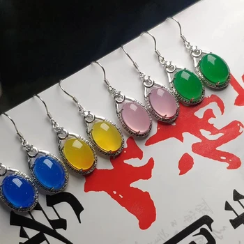 

S925 Silver Earrings Red Green powder agate medulla temperament Lady Short Fairy Earrings