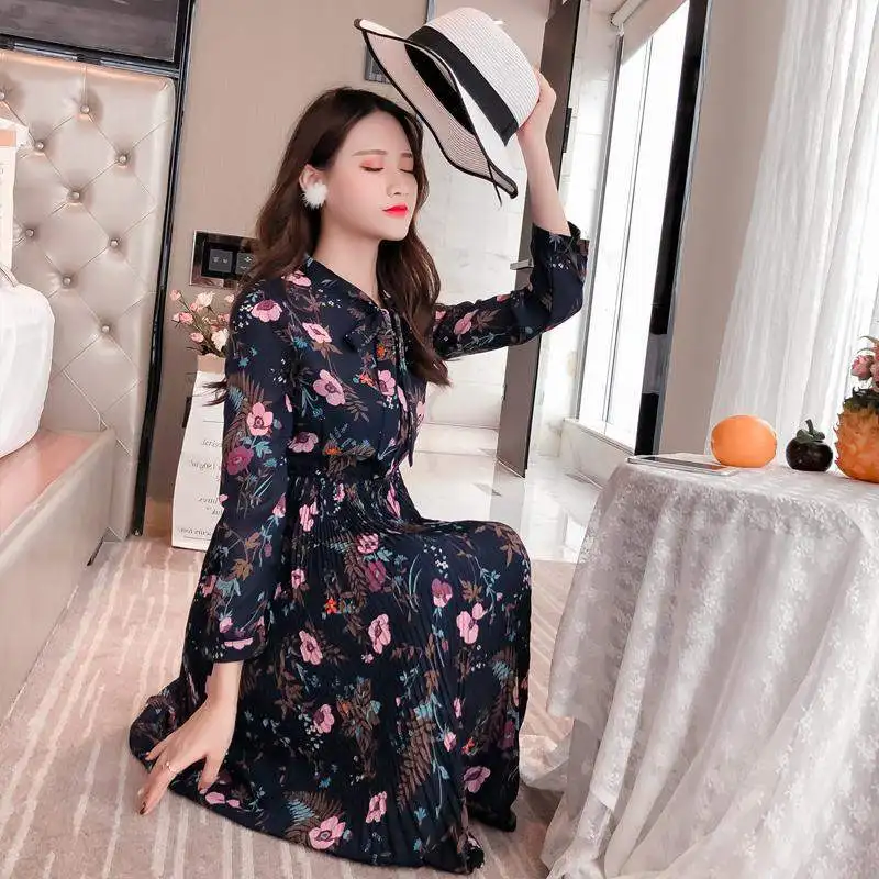 Женское Двухслойное шифоновое плиссированное платье весна лето осень с принтом элегантное свободное Повседневное платье с длинным рукавом