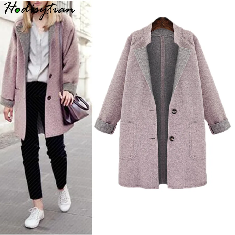 

Hodisytian Spring Fashion Women Wool Blends Coat Elegant Casual Loose Pink Jacket Outerwear Female Cashmere Overcoat Plus Size